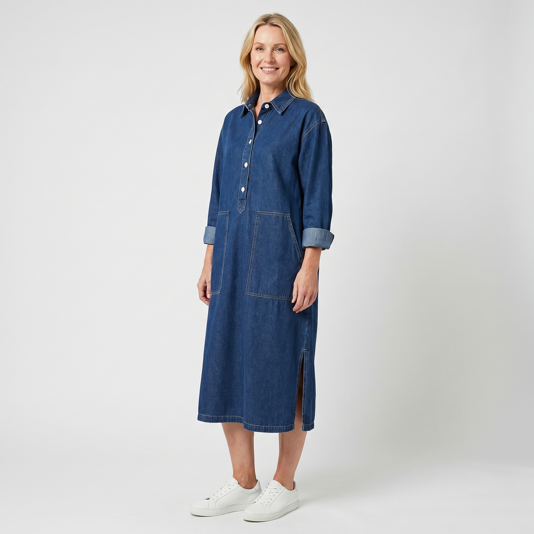 Abito lungo oversize in denim con maniche lunghe e tasche da donna