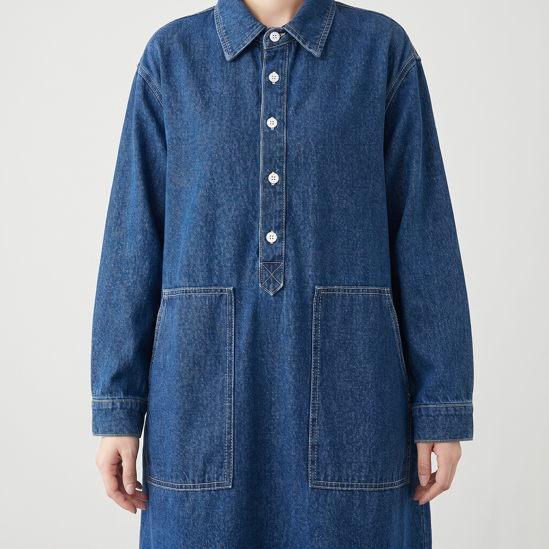 Abito lungo oversize in denim con maniche lunghe e tasche da donna