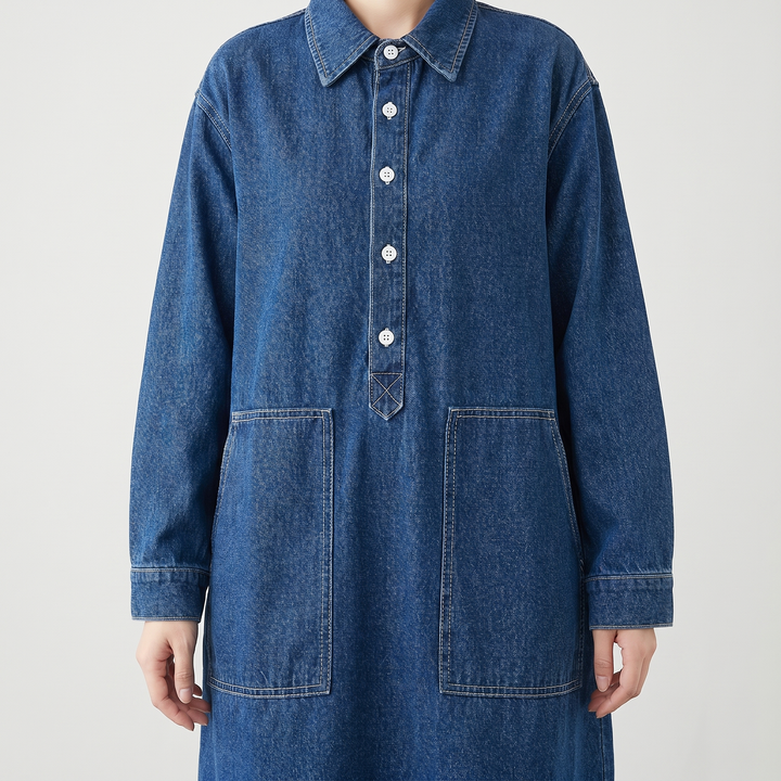 Abito lungo oversize in denim con maniche lunghe e tasche da donna