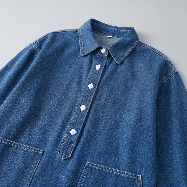 Abito lungo oversize in denim con maniche lunghe e tasche da donna