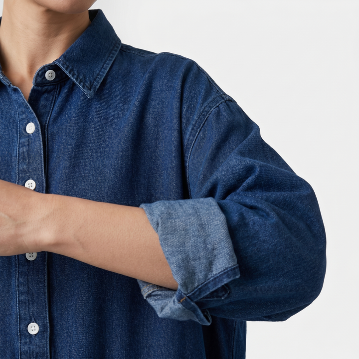 Abito lungo oversize in denim con maniche lunghe e tasche da donna