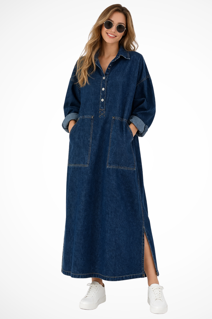 Abito lungo oversize in denim con maniche lunghe e tasche da donna
