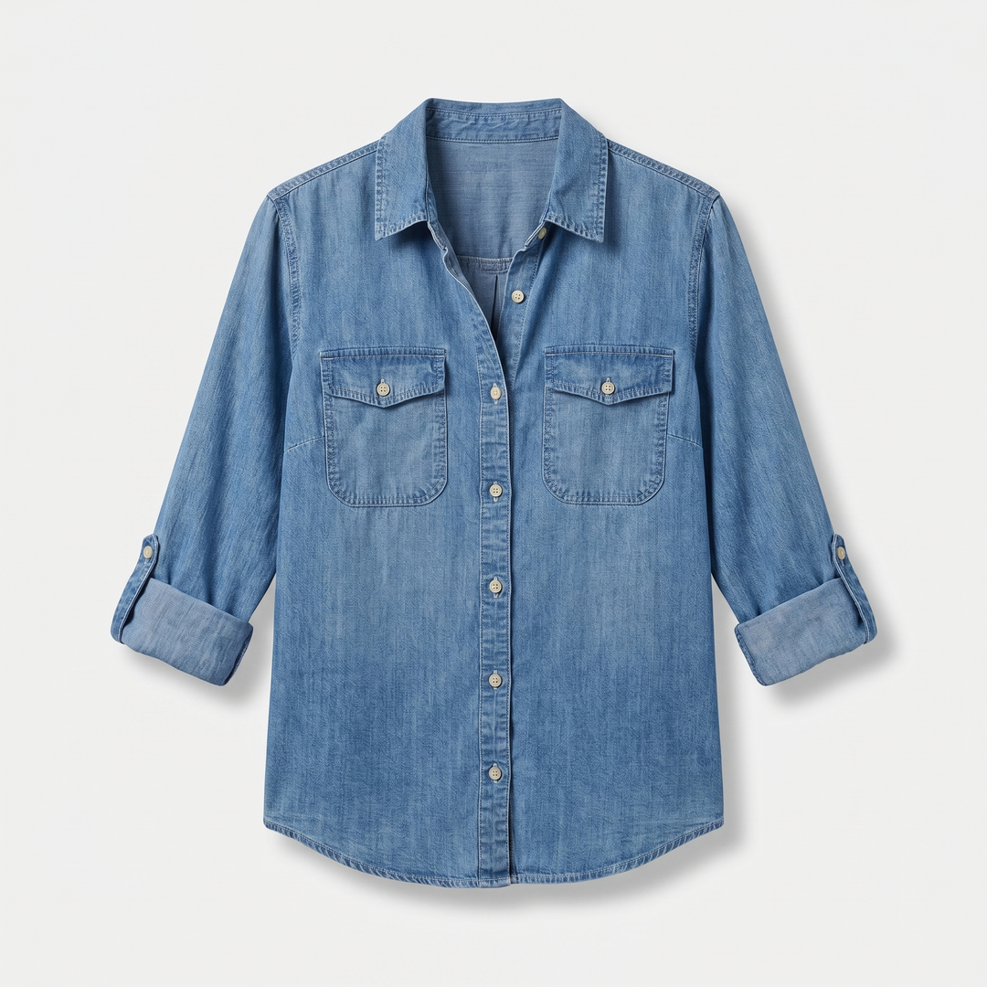 Denim blouse with button placket and roll-up sleeves for women