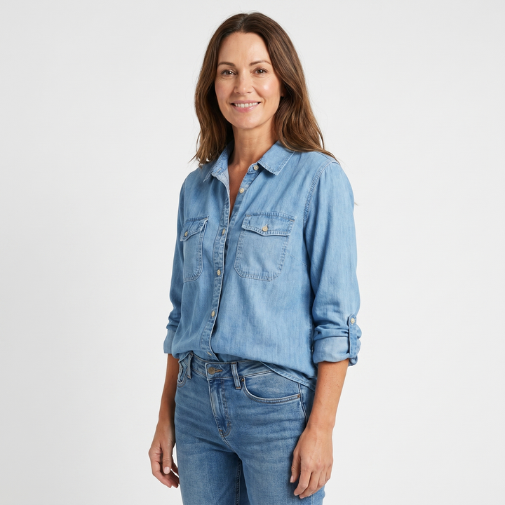 Denim blouse with button placket and roll-up sleeves for women