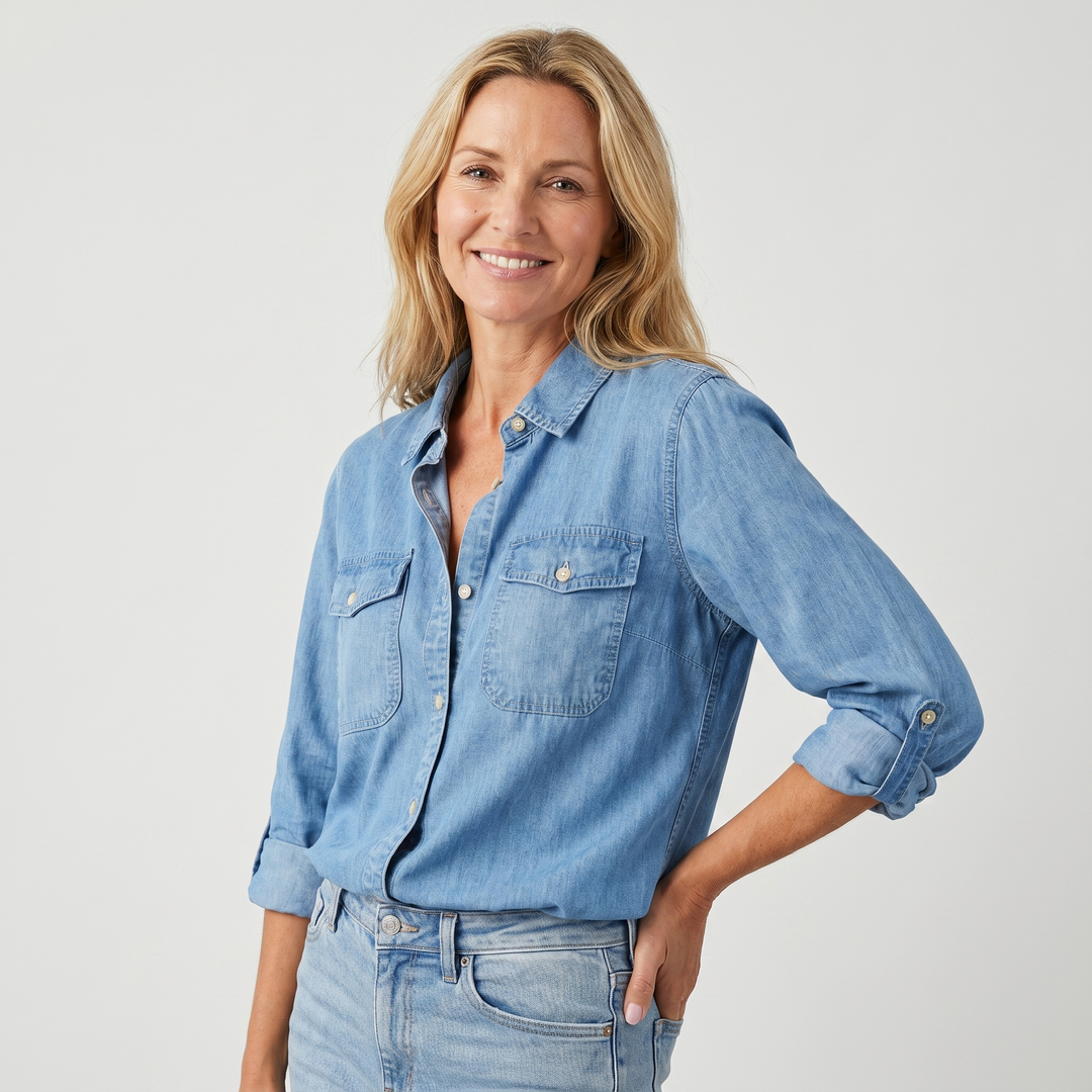Denim blouse with button placket and roll-up sleeves for women