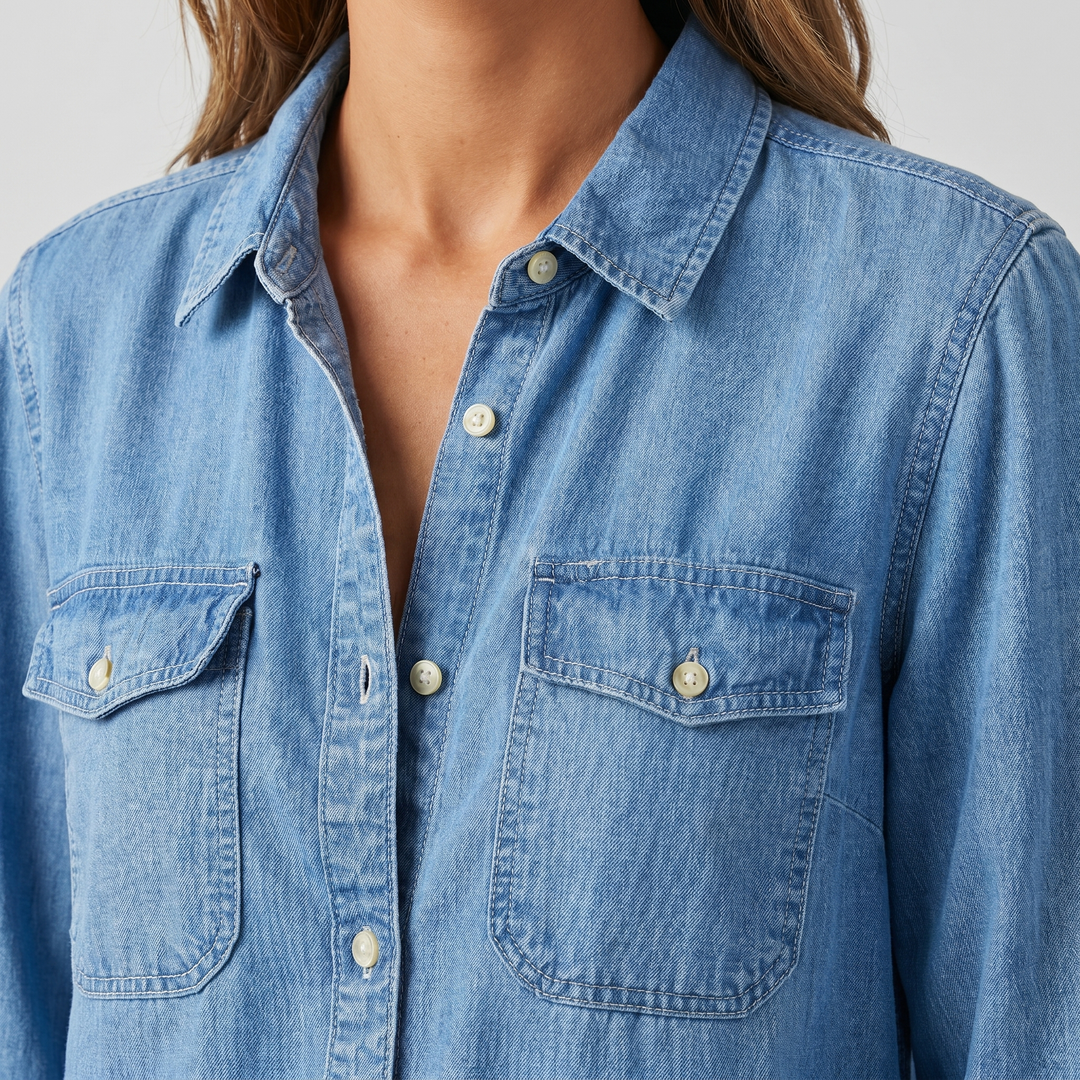 Denim blouse with button placket and roll-up sleeves for women