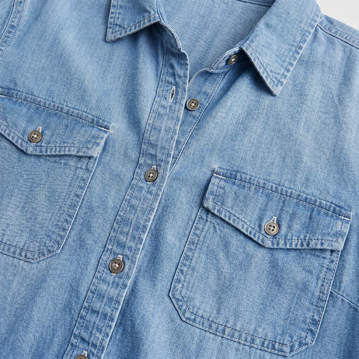 Denim blouse with button placket and roll-up sleeves for women