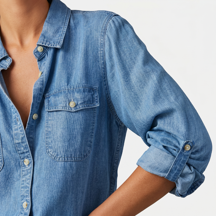 Denim blouse with button placket and roll-up sleeves for women