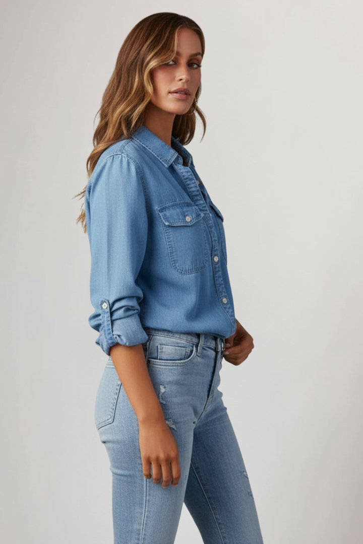 Denim blouse with button placket and roll-up sleeves for women