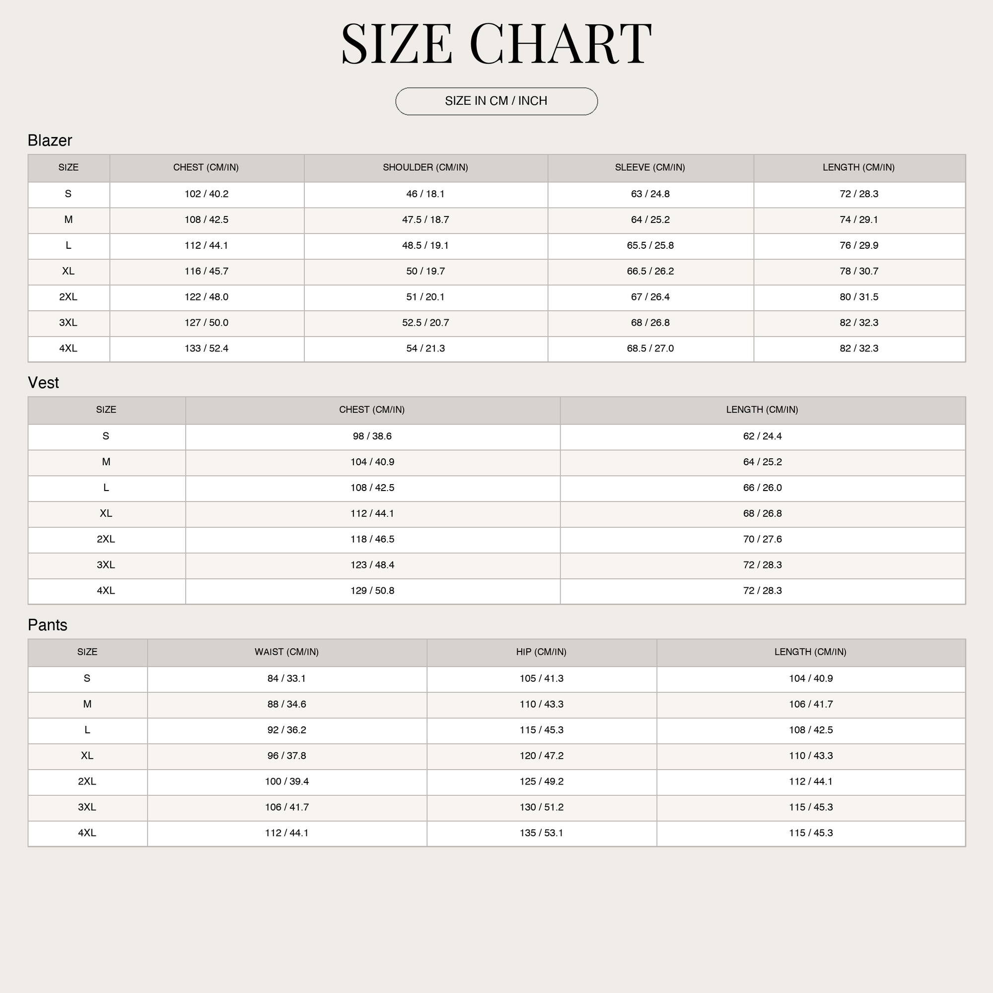 Size chart