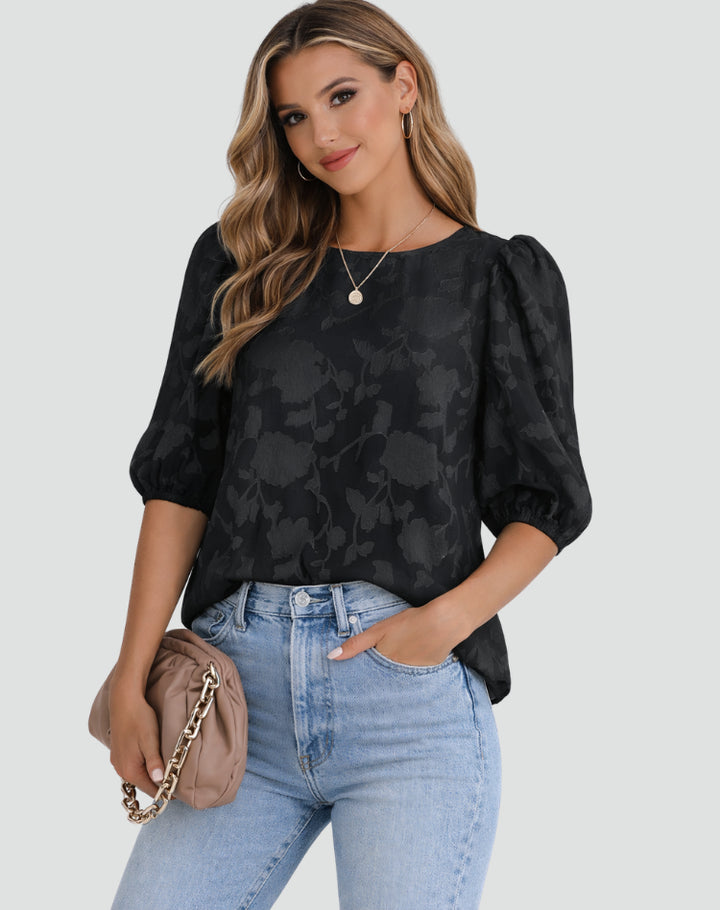Elegante_Bluse_fuer_Damen_Festlich_Blumenmuster_3_4_Puffaermel_5