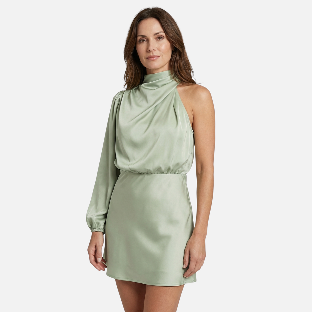 Elegante abito midi da donna in raso con taglio monospalla e spacco laterale