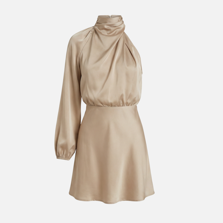 Elegante abito midi da donna in raso con taglio monospalla e spacco laterale