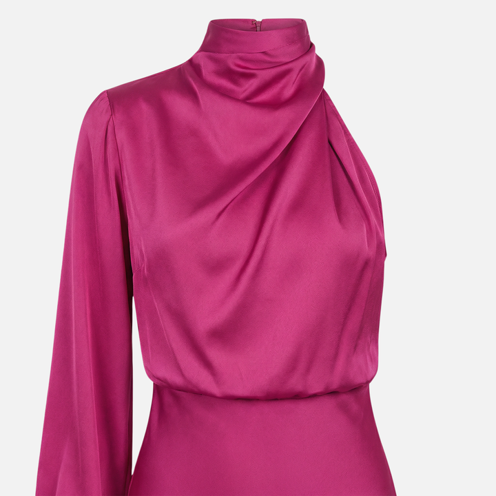 Elegante abito midi da donna in raso con taglio monospalla e spacco laterale