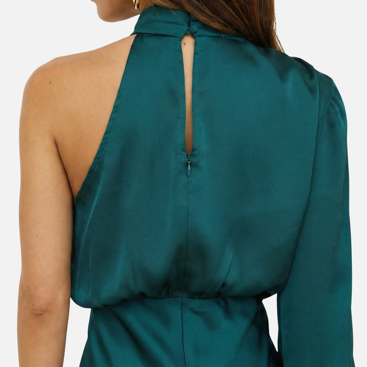Elegante abito midi da donna in raso con taglio monospalla e spacco laterale