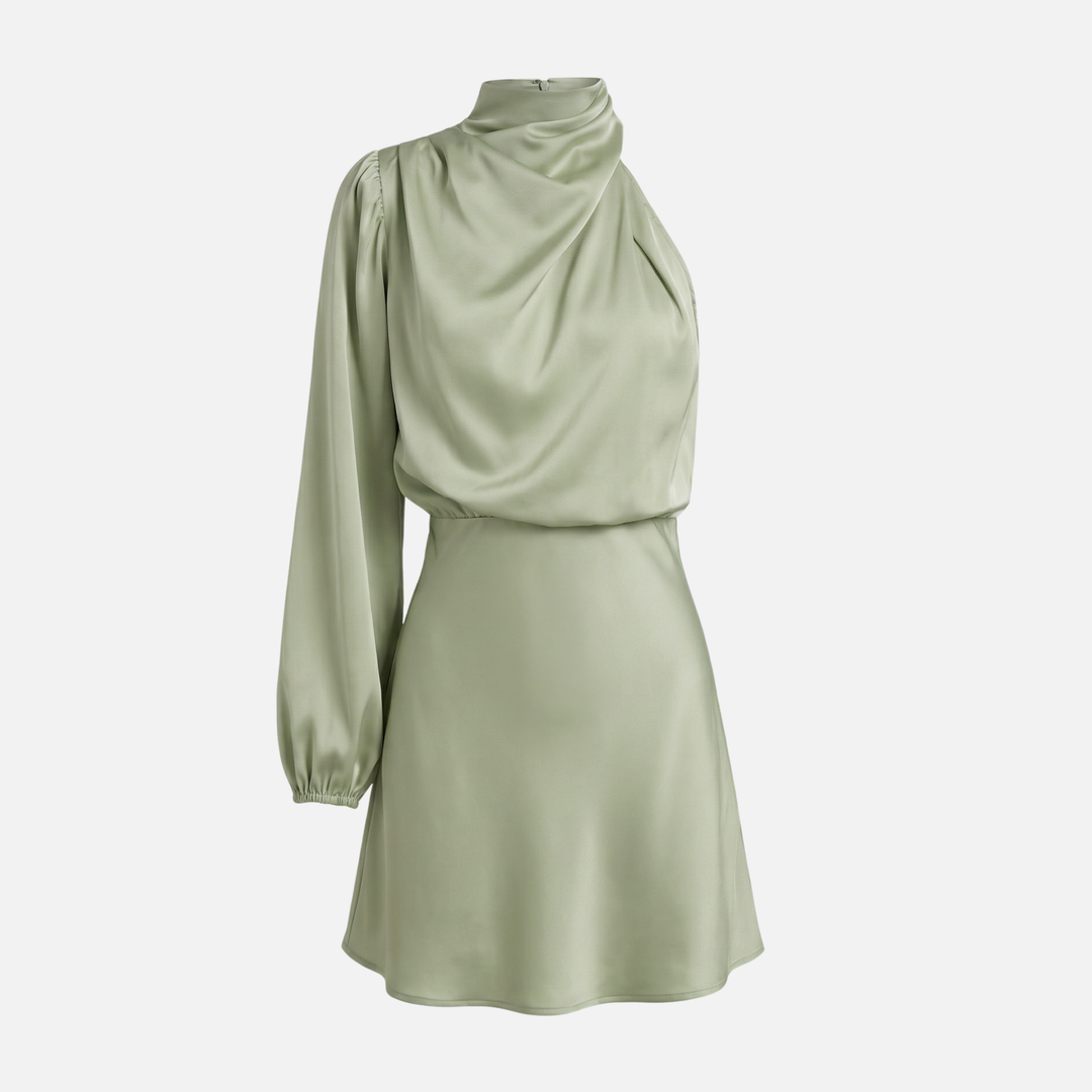 Elegante abito midi da donna in raso con taglio monospalla e spacco laterale
