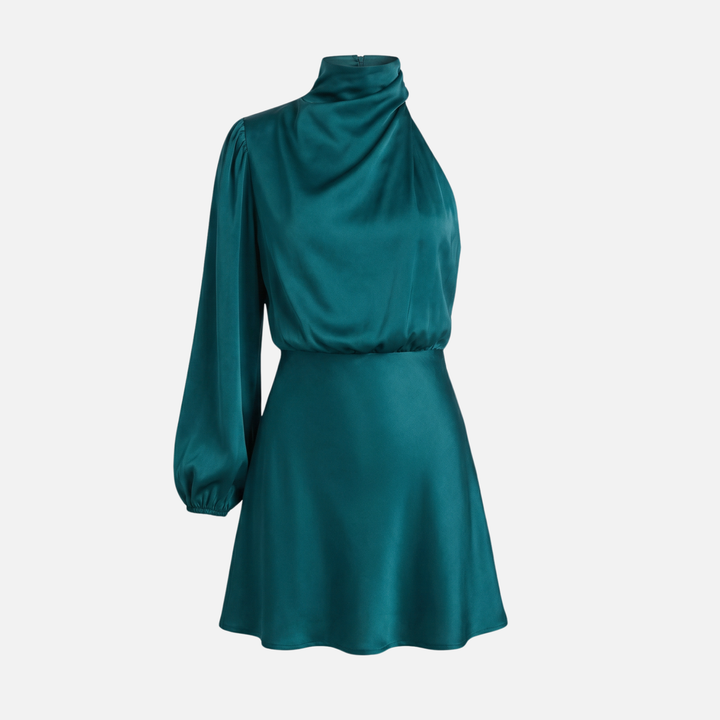 Elegante abito midi da donna in raso con taglio monospalla e spacco laterale