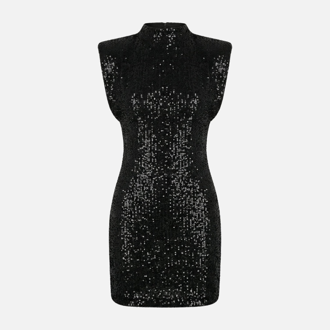 Vestito corto aderente con paillettes e collo alto da donna