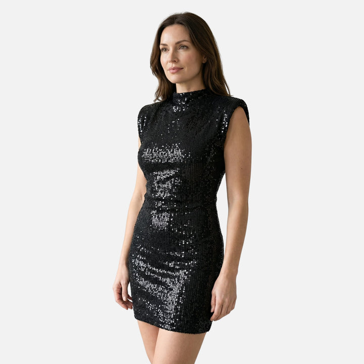 Vestito corto aderente con paillettes e collo alto da donna