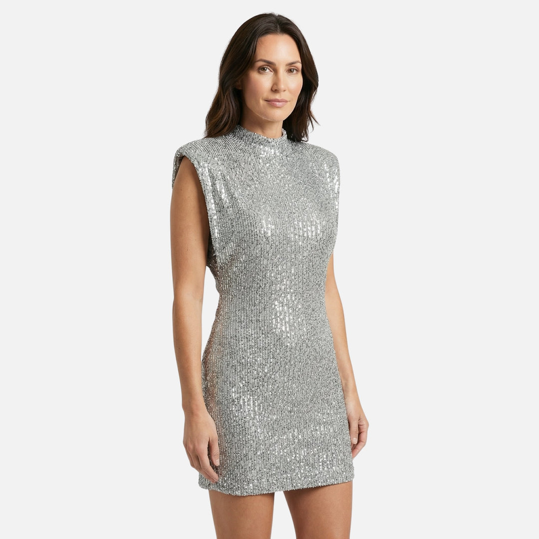 Vestito corto aderente con paillettes e collo alto da donna
