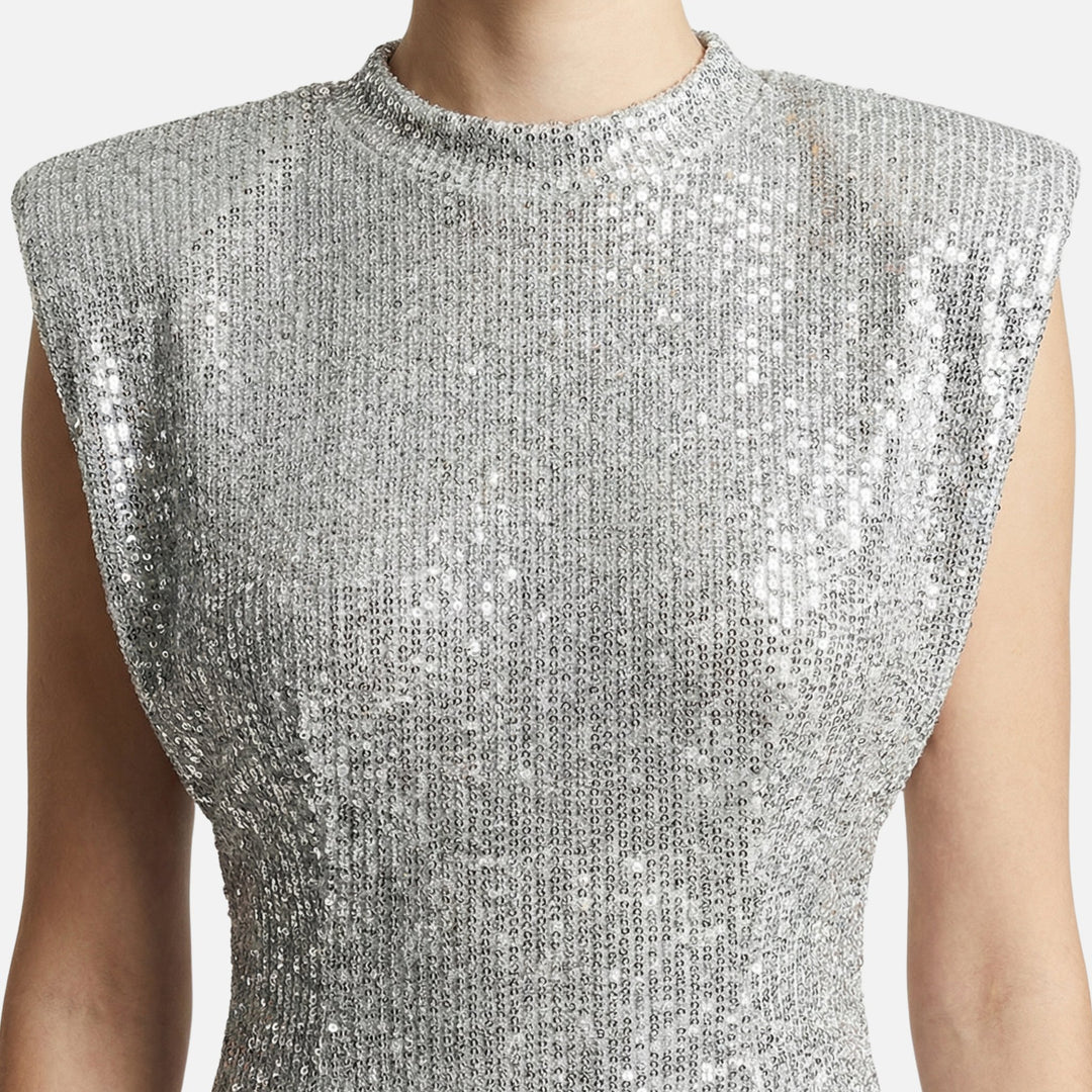 Vestito corto aderente con paillettes e collo alto da donna
