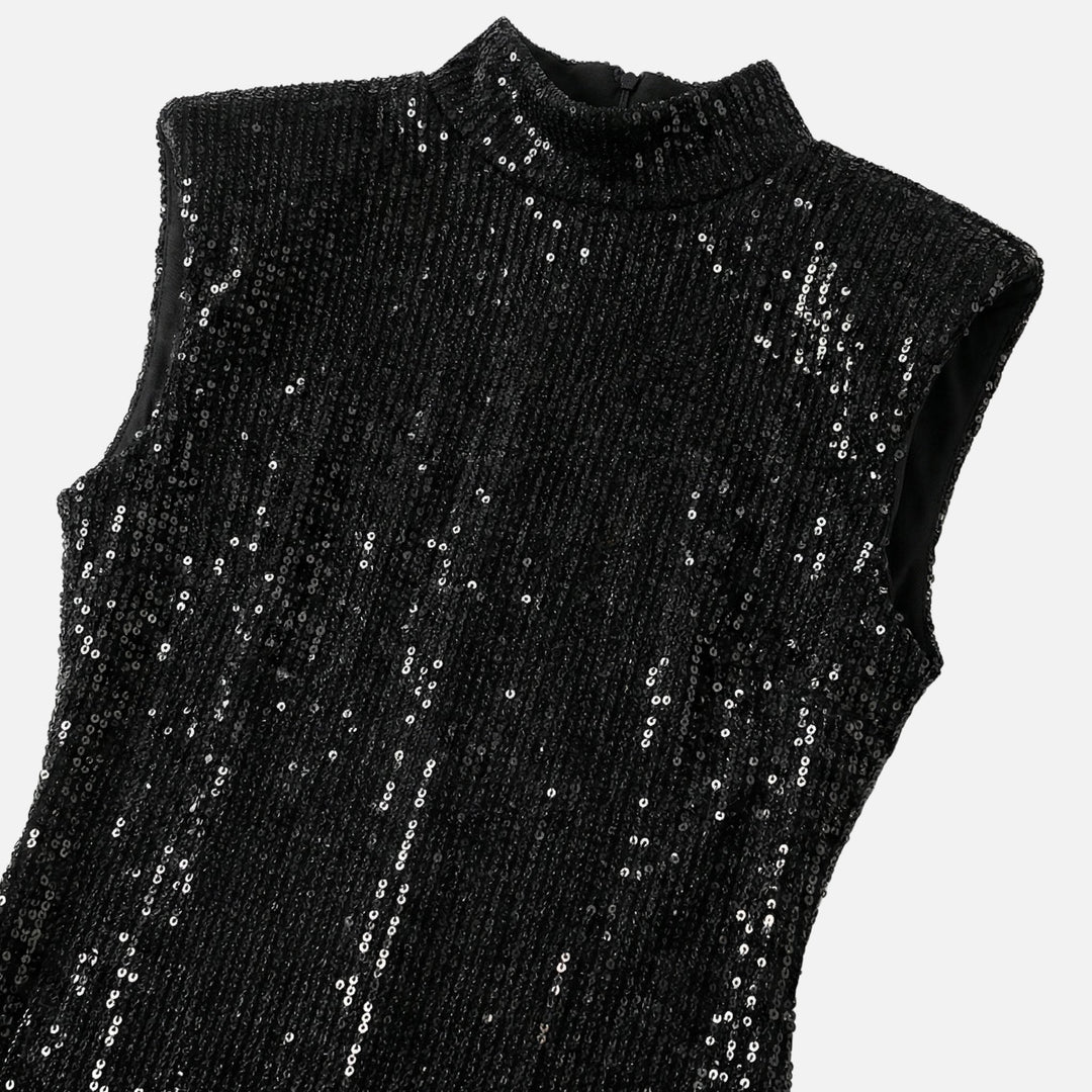 Vestito corto aderente con paillettes e collo alto da donna
