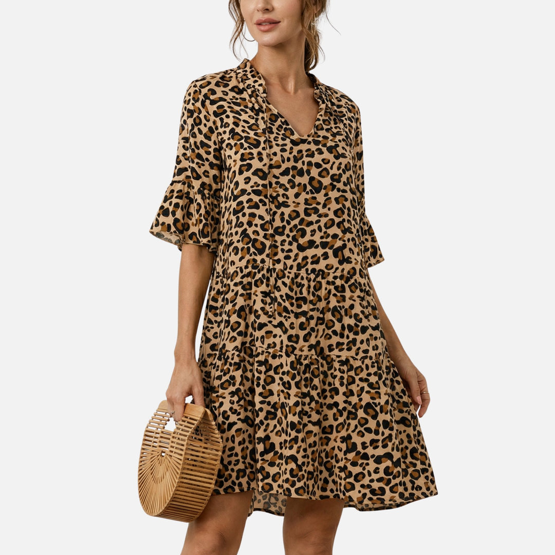 Abito midi fluido con motivo leopardato e scollo a V da donna