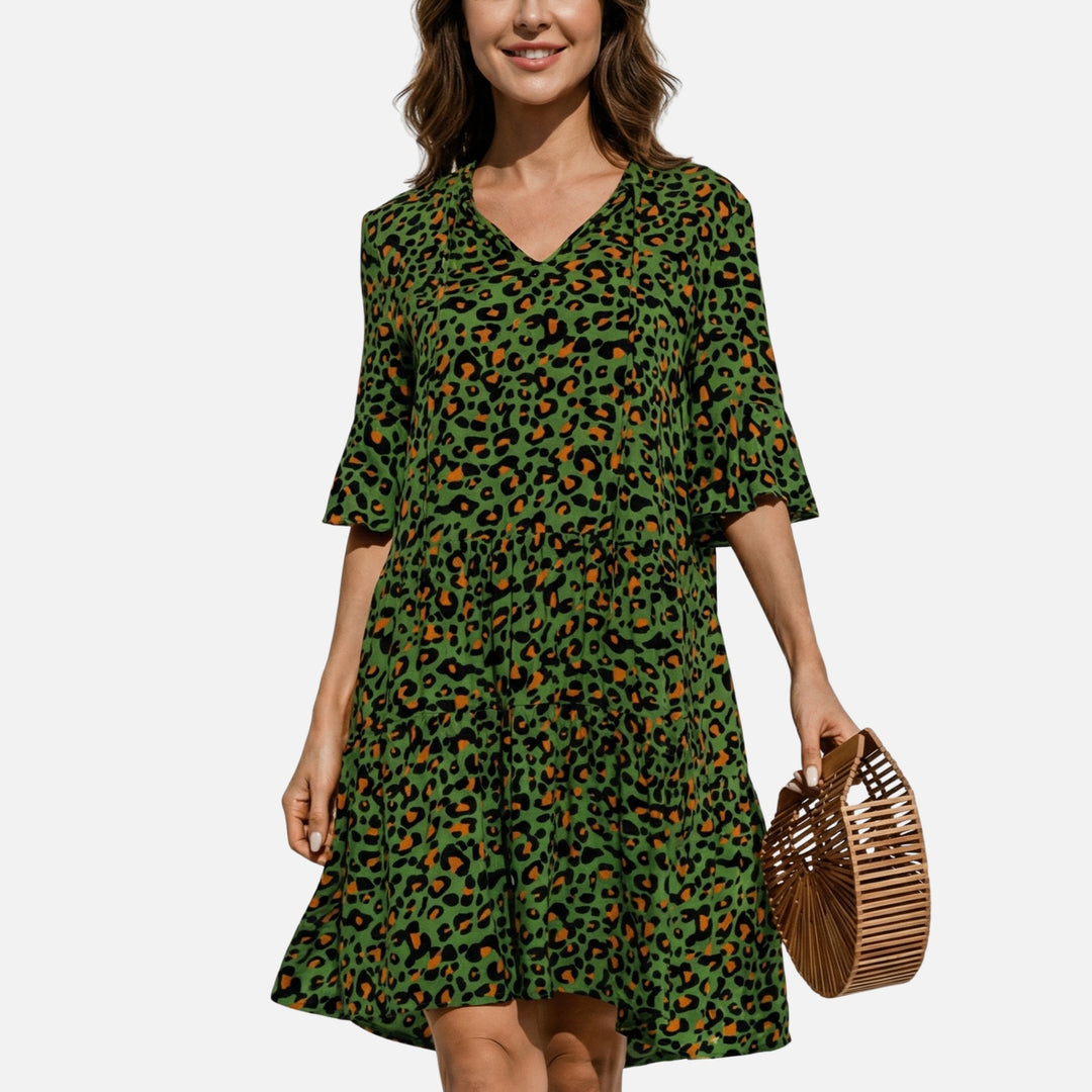 Abito midi fluido con motivo leopardato e scollo a V da donna