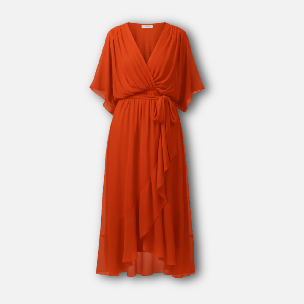 Abito midi fluente in chiffon con scollo a V e cintura per donna