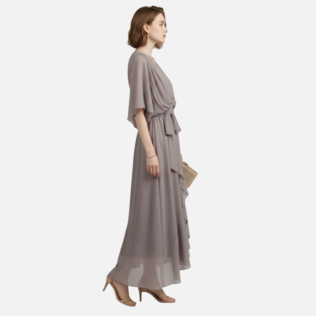 Abito midi fluente in chiffon con scollo a V e cintura per donna