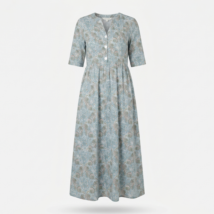 Abito midi floreale da invitata al matrimonio con scollo a V e bottoni per donna