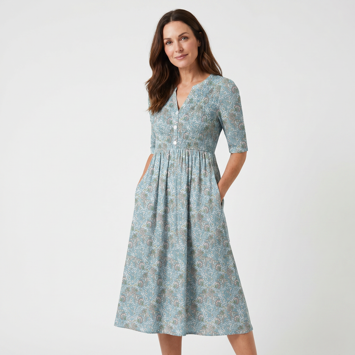 Abito midi floreale da invitata al matrimonio con scollo a V e bottoni per donna