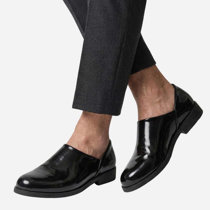 Formeller Hochglanz-Synthetik Loafer – Schmale Passform mit Blockabsatz für Herren