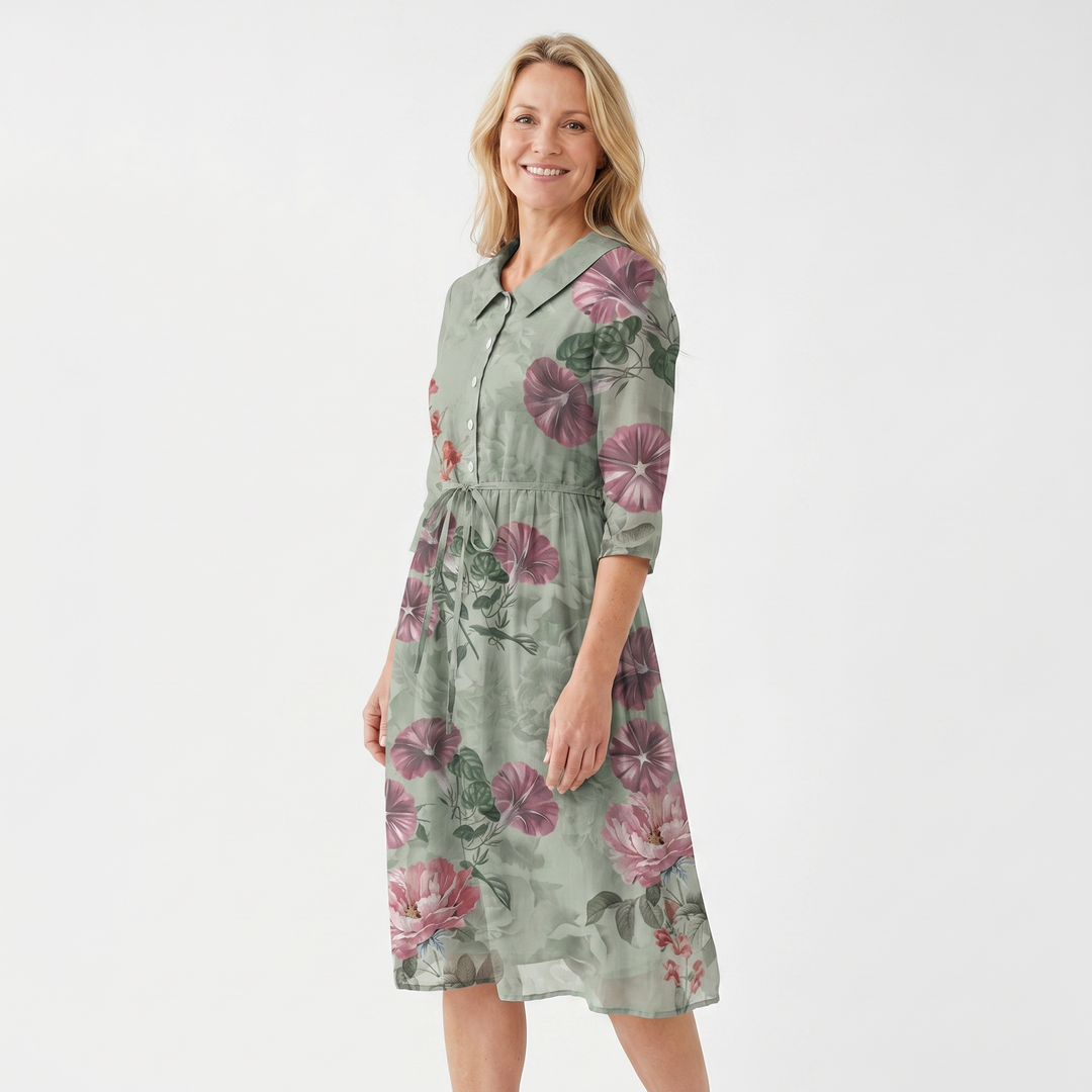 Florales Hemdblusenkleid mit Bindeband in der Taille für Damen