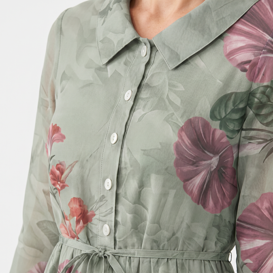 Florales Hemdblusenkleid mit Bindeband in der Taille für Damen