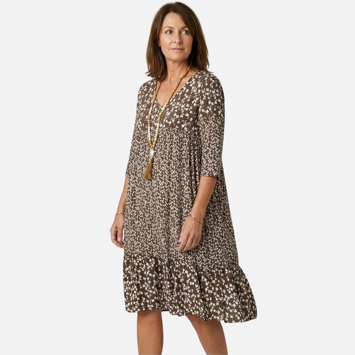 Abito midi floreale con scollo a V e maniche 3/4 da donna