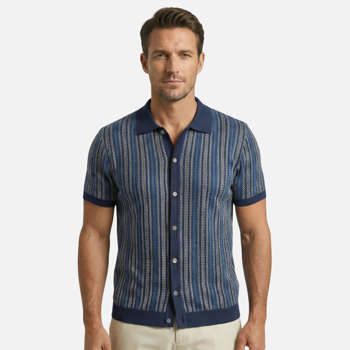 Striped Knit Short-Sleeve Shirt with Button Placket for Men