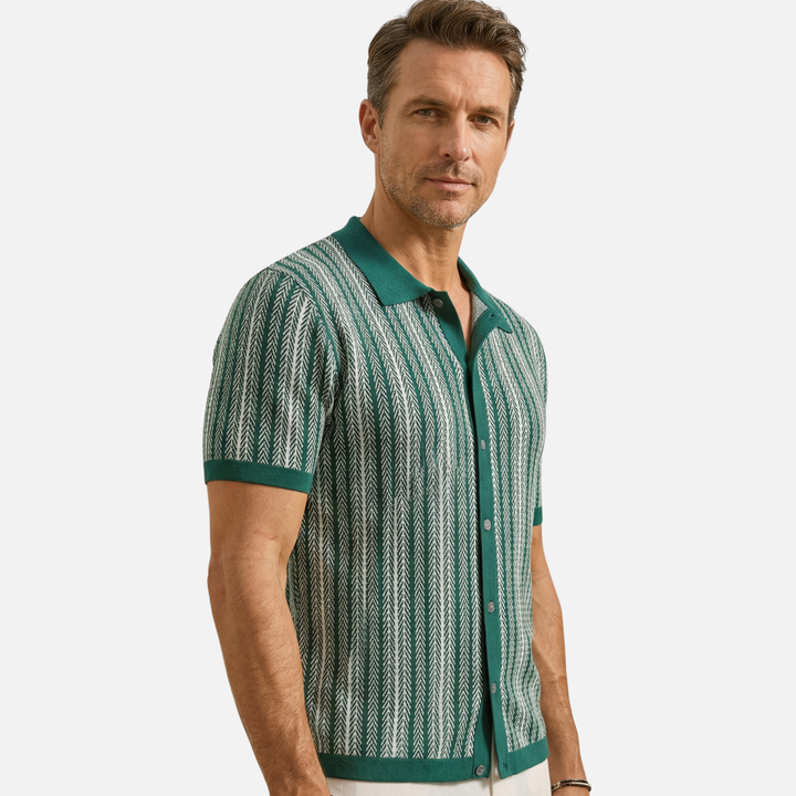 Striped Knit Short-Sleeve Shirt with Button Placket for Men