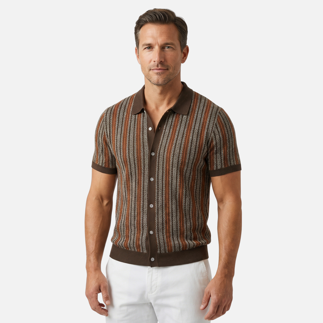Striped Knit Short-Sleeve Shirt with Button Placket for Men