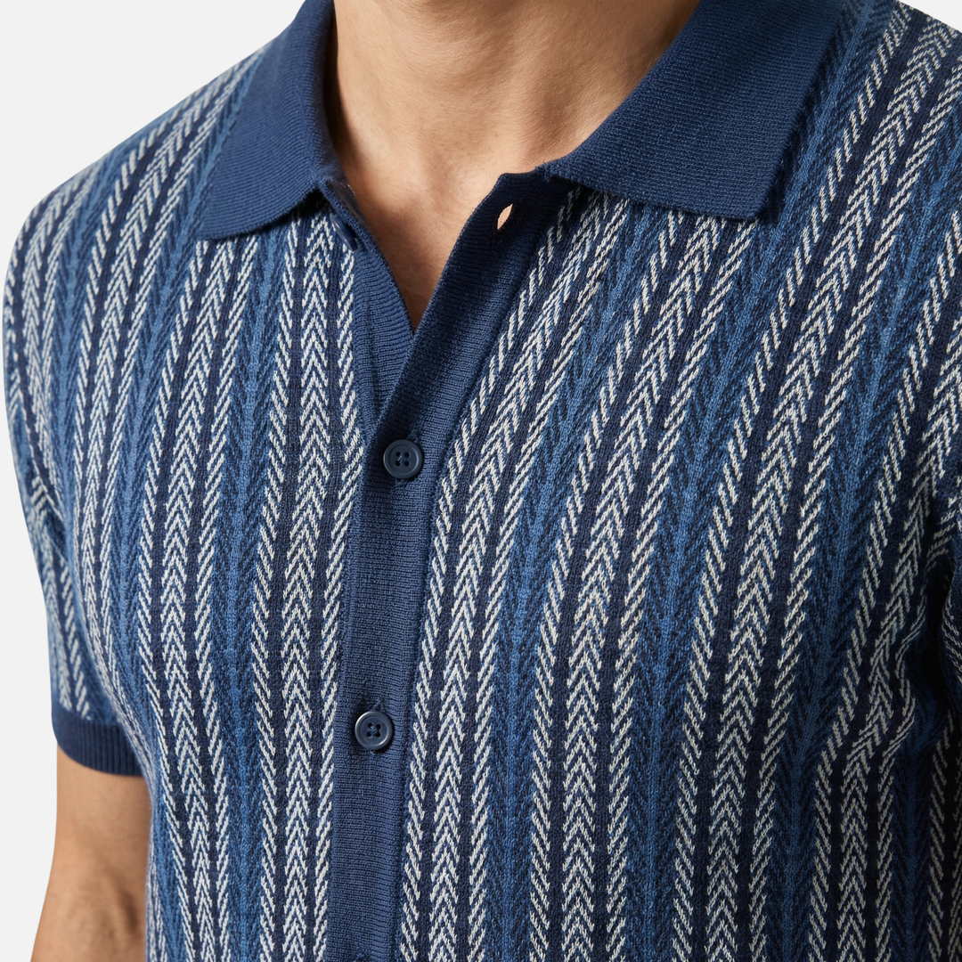 Striped Knit Short-Sleeve Shirt with Button Placket for Men