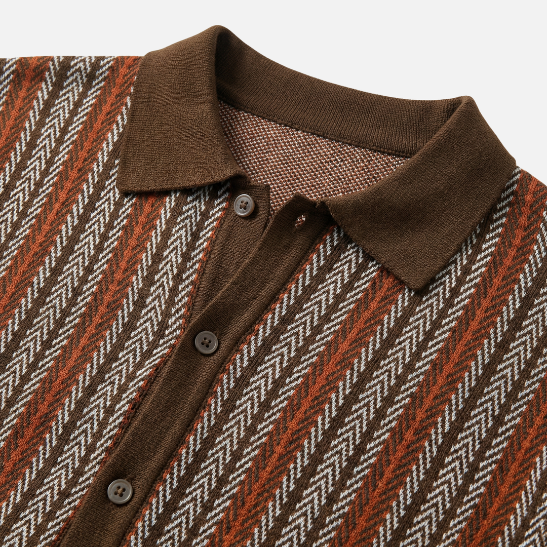 Striped Knit Short-Sleeve Shirt with Button Placket for Men