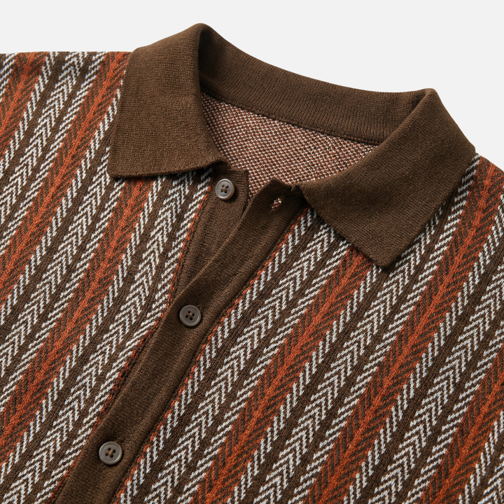 Striped Knit Short-Sleeve Shirt with Button Placket for Men