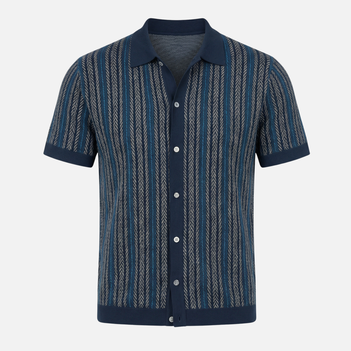 Striped Knit Short-Sleeve Shirt with Button Placket for Men