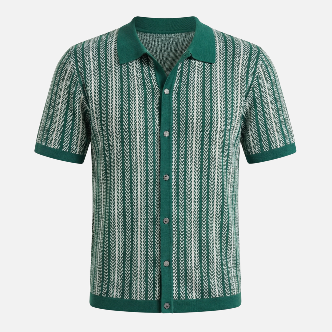 Striped Knit Short-Sleeve Shirt with Button Placket for Men