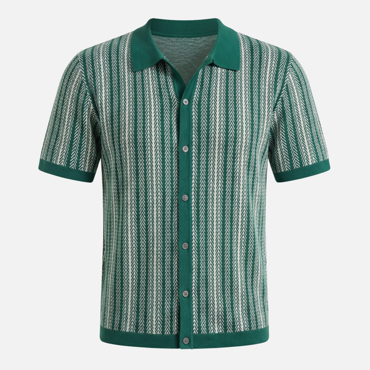 Striped Knit Short-Sleeve Shirt with Button Placket for Men