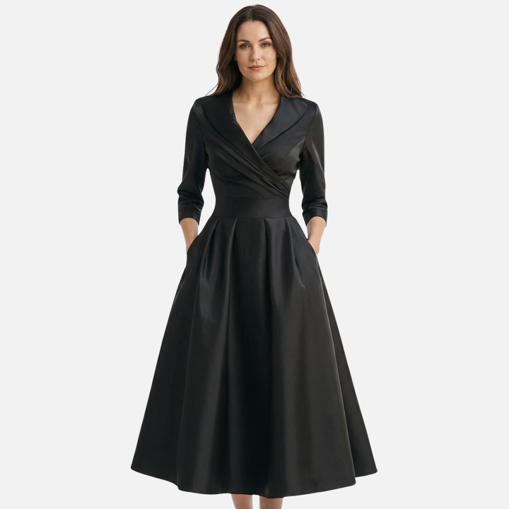 Shiny satin midi dress – Draped wrap top for women
