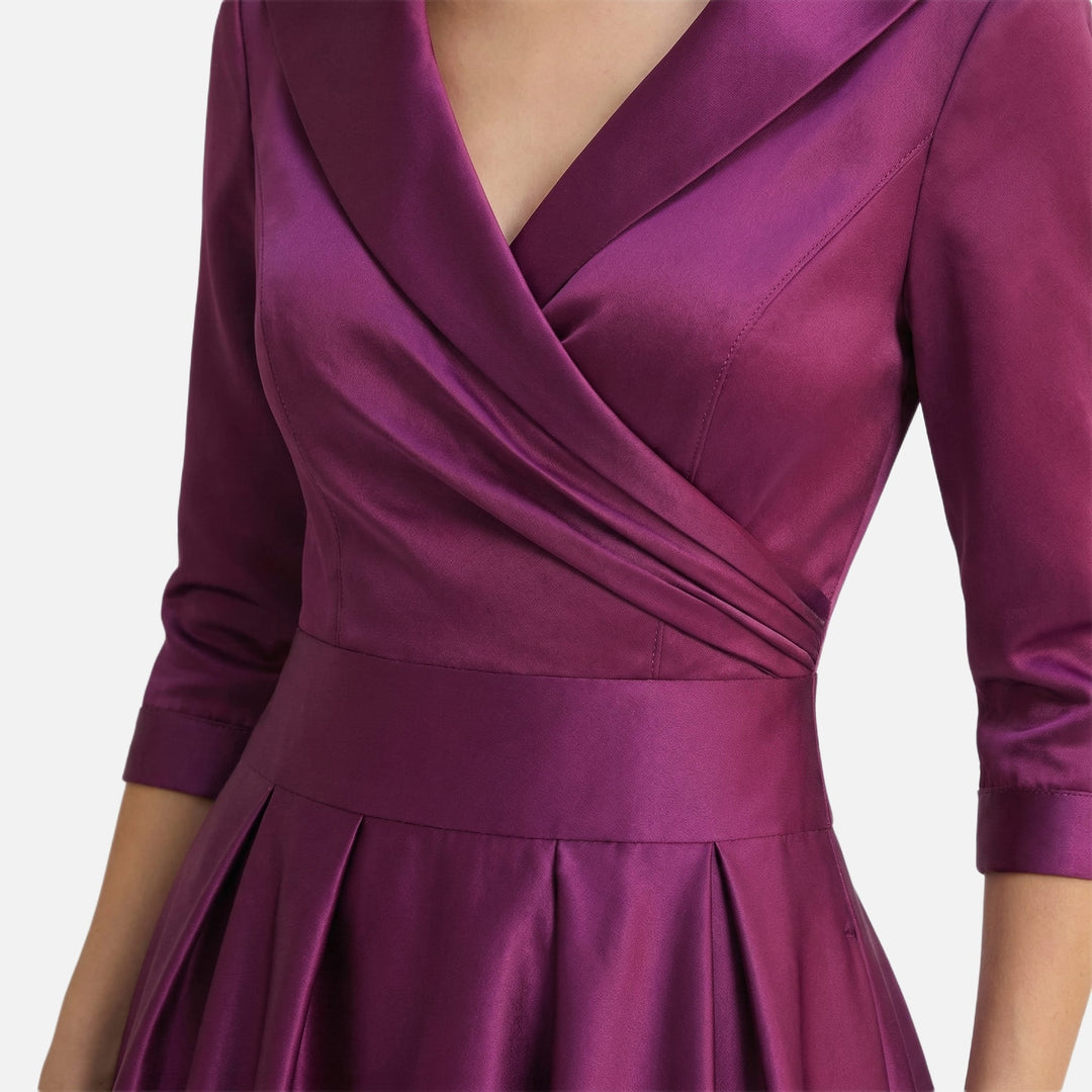 Shiny satin midi dress – Draped wrap top for women