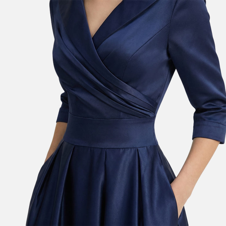 Shiny satin midi dress – Draped wrap top for women
