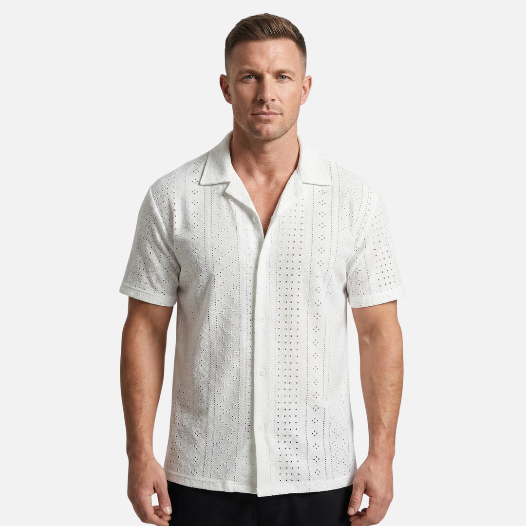 Herren-Sommerhemd aus Jacquard-Strick – Cuban-Kragen und entspannte Passform
