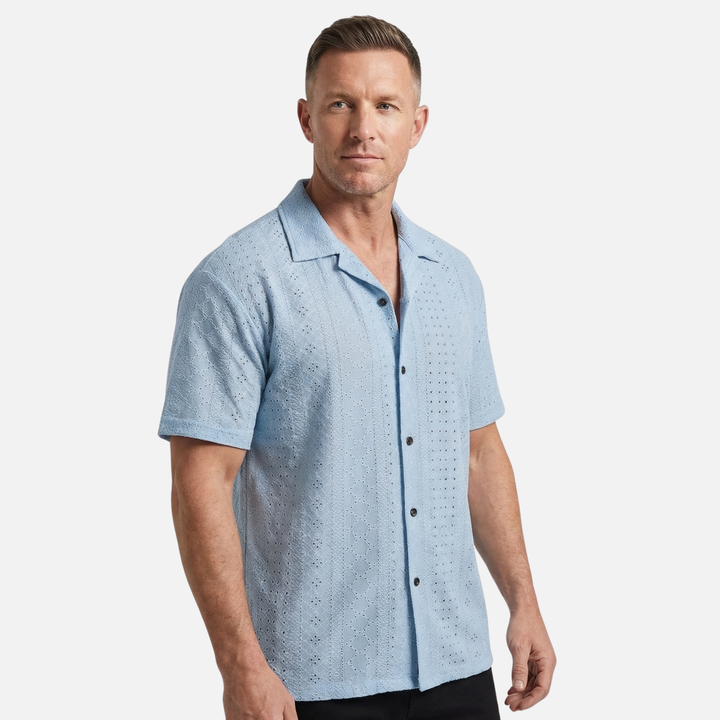 Herren-Sommerhemd aus Jacquard-Strick – Cuban-Kragen und entspannte Passform
